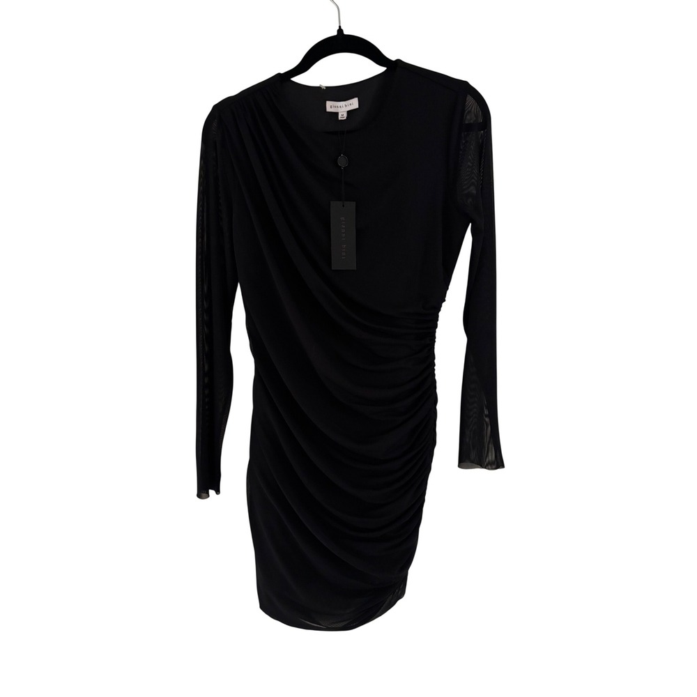 NWT Gianni Bini Jenny Mesh Ruched Mini Dress Black Long Sleeve 74103DR0924